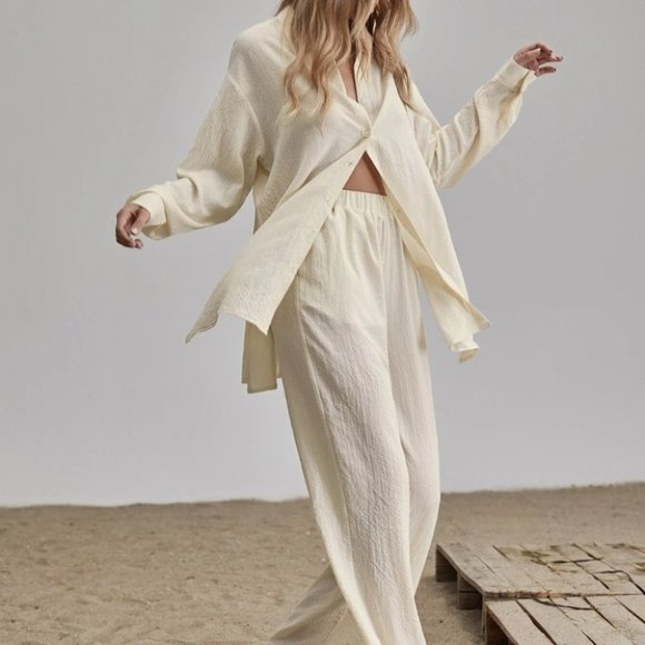 BUTTON DOWN SLIT HEM BLOUSE AND WIDE LEG PANTS TEXTURED SUMMER LOUNGE STREETWEAR - Picture 1 of 12